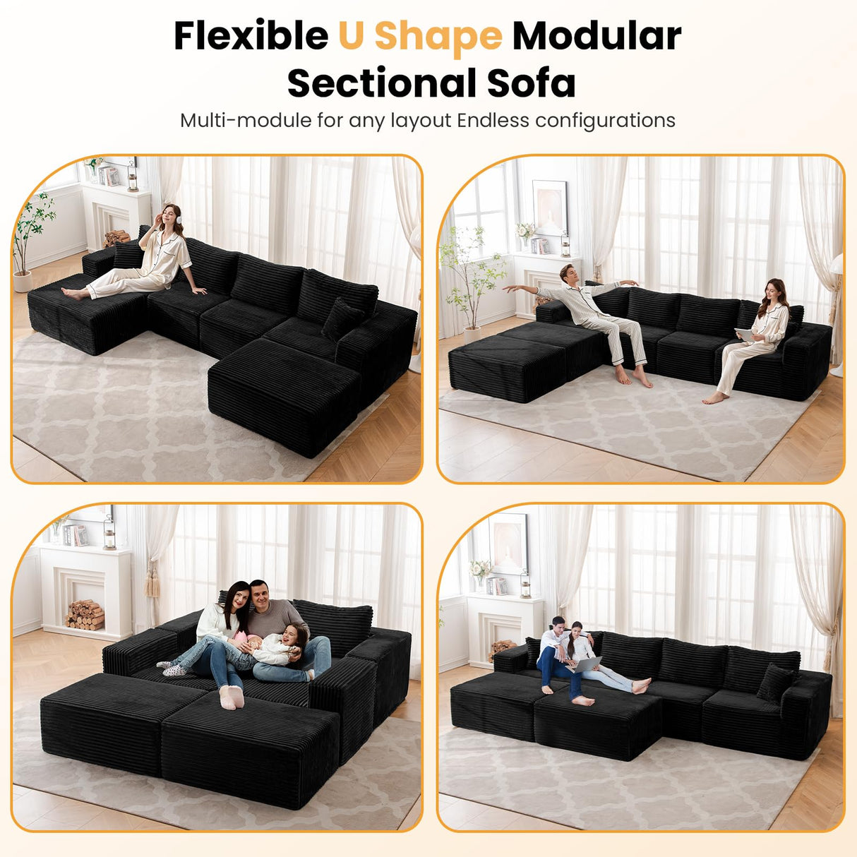 136" U Shaped Cloud Couch Sectional Modular Couch with Deep Seat, 6 Seater Corduroy Couches, Boneless Sofa with 2 Removable Ottomans, Sectional Couches for Living Room, No Assembly Required, Black MODNEST