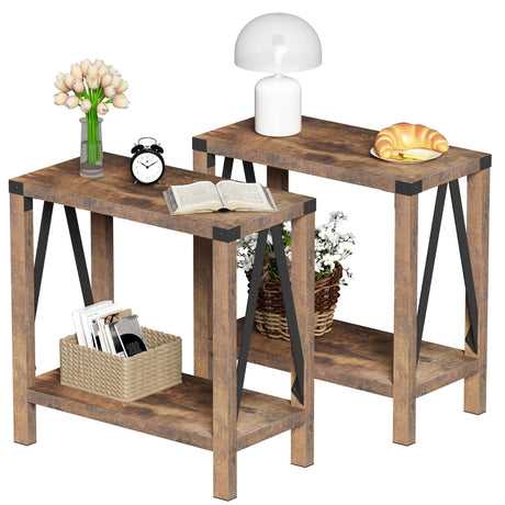 ChooChoo Farmhouse End Table for Small Spaces, Narrow Side End Table with Storage Shelf, Rustic A-Design Nightstand Sofa Table for Living Room, Bedroom (Rustic Brown) 2 Pack ChooChoo