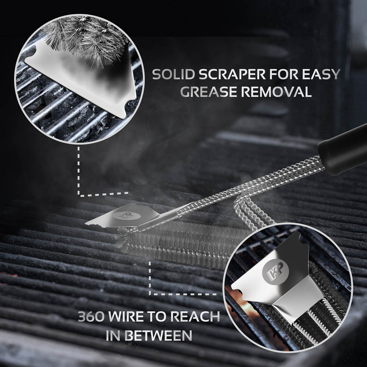 KITCHEN PERFECTION Safe Wire Grill Brush for Outdoor Grill w/Grill Scraper & Grill Mat Grill Cleaning Kit -Extended Handle BBQ Brush for Effortless Grill Cleaning Grill Cleaner Brush Barbecue Tools Kitchen perfection