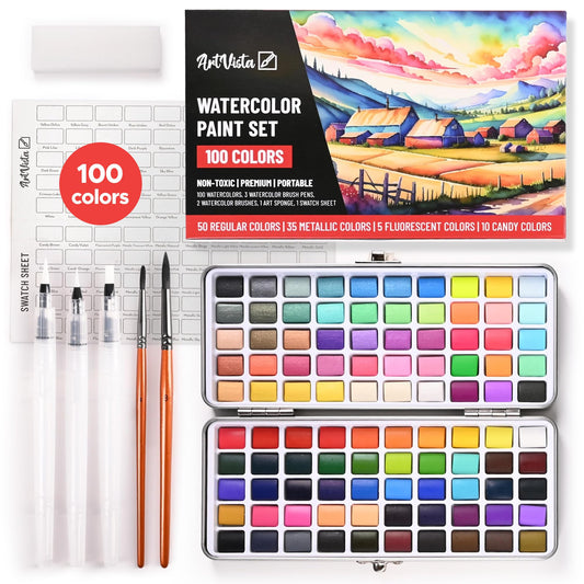 Watercolor Paint Set with 100 Bright Colors: for Adult Beginners & Professional with Metallic - Travel Sized Water Color Art Kit Palette