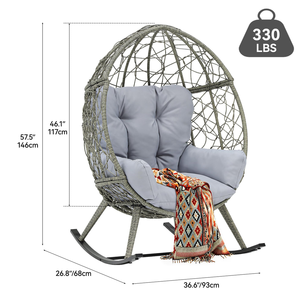 YITAHOME Outdoor Rocking Egg Chair with Cushioned Comfort, Wicker Patio Rocker 250lb Capacity, Anti-Slip, All-Weather Resilient Rattan Design for Indoor & Outdoor Relaxation Spaces, Light Grey YITAHOME
