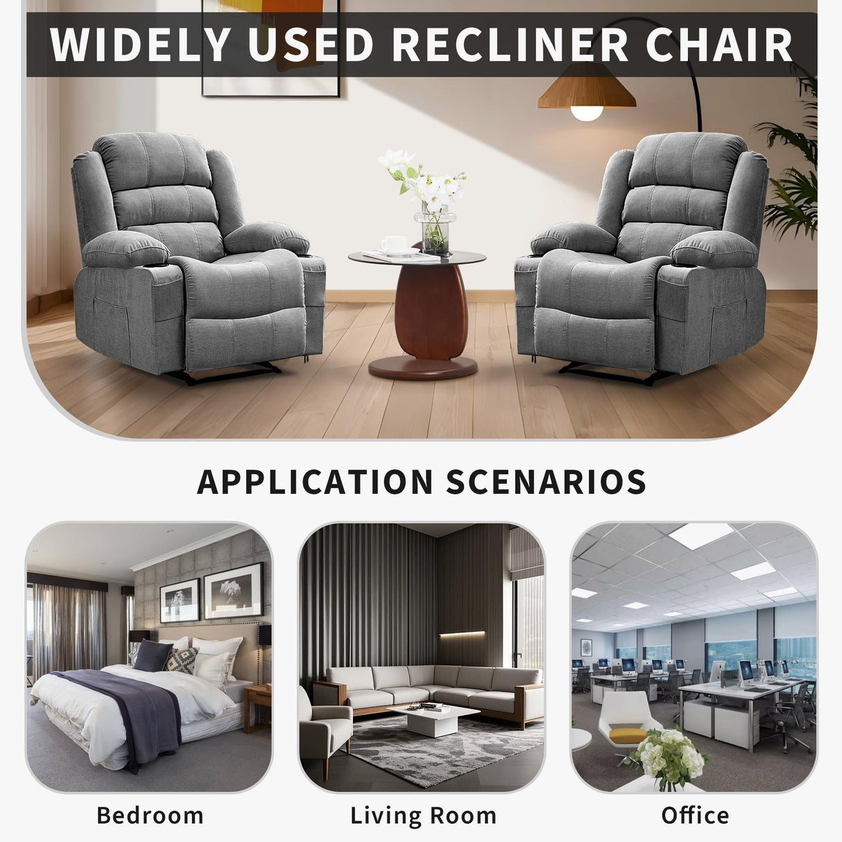 Oversized Recliner Chair for Adults Widen Overstuffed Breathable Fabric Lounge Chair with 3 Modes, 2 Cup Holders & Side Pockets Plush Chenille Reclining Sofa for Living Room PtioHavn