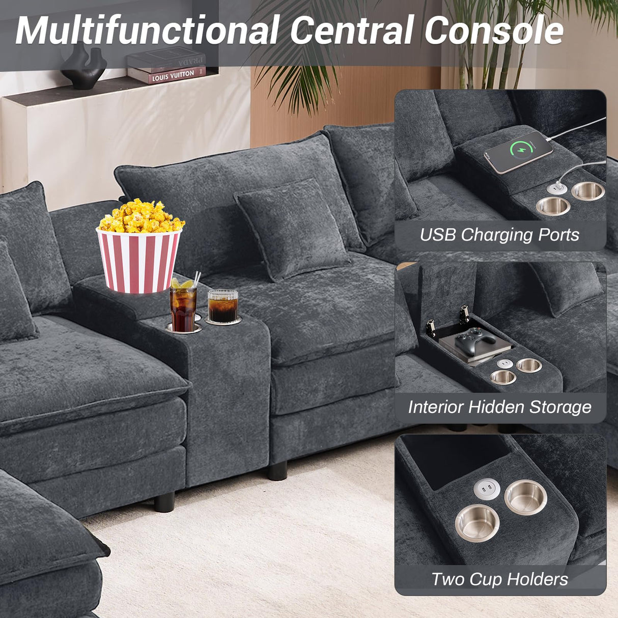 145" Oversized Modular Sectional Sofa U Shaped Cloud Couch 6 Seat Sofa Set for Living Room Comfy Fluffy Chenille Deep Seat with Movable Ottomans, Storage Console, Cup Holders, USB Ports, Dark Grey BEQAI