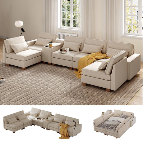 Modular Sectional Sofa, Sectional Couches for Living Room, L/U Shaped Sofa with Storage and Phone Holder, Modular Couch with Multi-Functional Console, USB Charging, Cup Holders (Beige, 6-seats) Pingliang Home