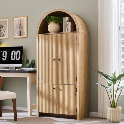 IFBUY 71" Tall Arched Bookcase with Doors, Morden Fluted Bookshelf with Storage & 3 Adjustable Shelves, 6 Door Shelves, Wooden Floor Standing Versatile Cupboard for Home Office, Living Room, Natural