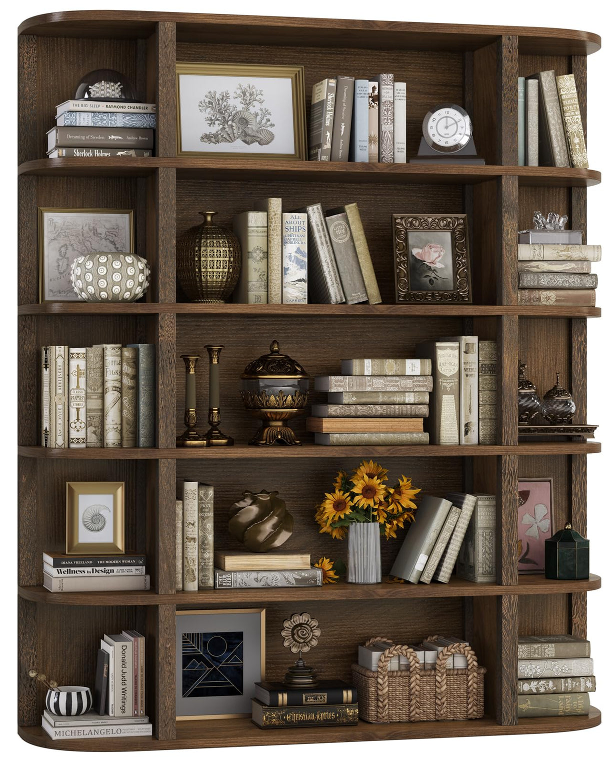 TVU 5-Tier Wood Book Shelf, 47" Wide Large Bookshelf and Bookcase, 62" Tall Bookshelf with Curved Side Shelves, Freestanding Wood Display Book Shelves for Living Room, Home Office, Walnut TVU