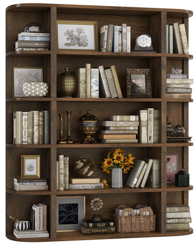 TVU 5-Tier Wood Book Shelf, 47" Wide Large Bookshelf and Bookcase, 62" Tall Bookshelf with Curved Side Shelves, Freestanding Wood Display Book Shelves for Living Room, Home Office, Walnut