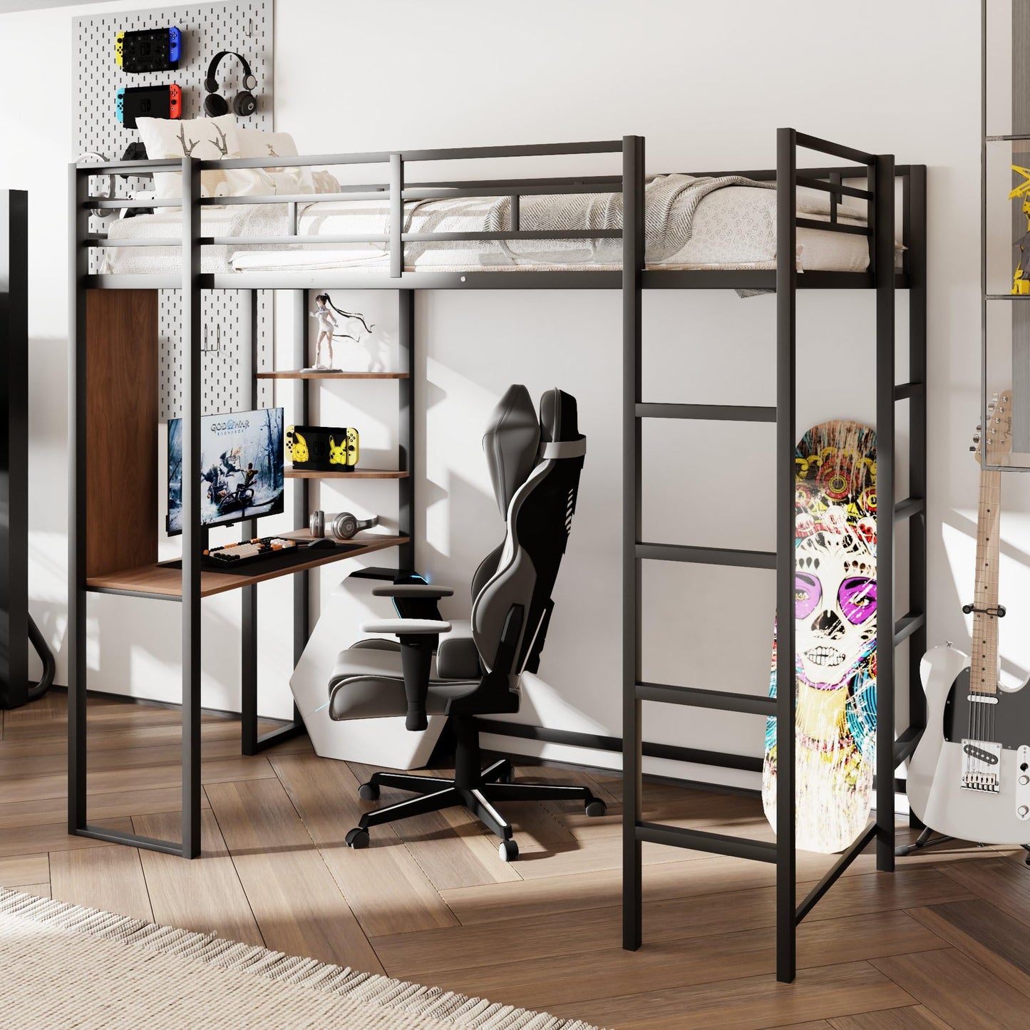 Merax Black Twin Metal Loft Bed with Desk and Shelves, Noise-Free Design - WoodArtSupply