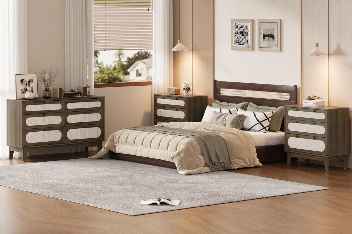 IDEALHOUSE 3 Drawer Wood Dresser for Bedroom, Rattan Nightstand Bedside Table for Living Room, Entryway, 31.5" L*15.7”W*31.2”H, Dark Brown IDEALHOUSE
