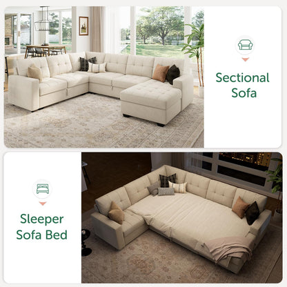 HONBAY Sleeper Sectional Sofa with Pull Out Bed, U Shaped Sectional Sleeper Couch with Storage Chaise, Convertible Sectional Sleeper Sofa Bed, Beige