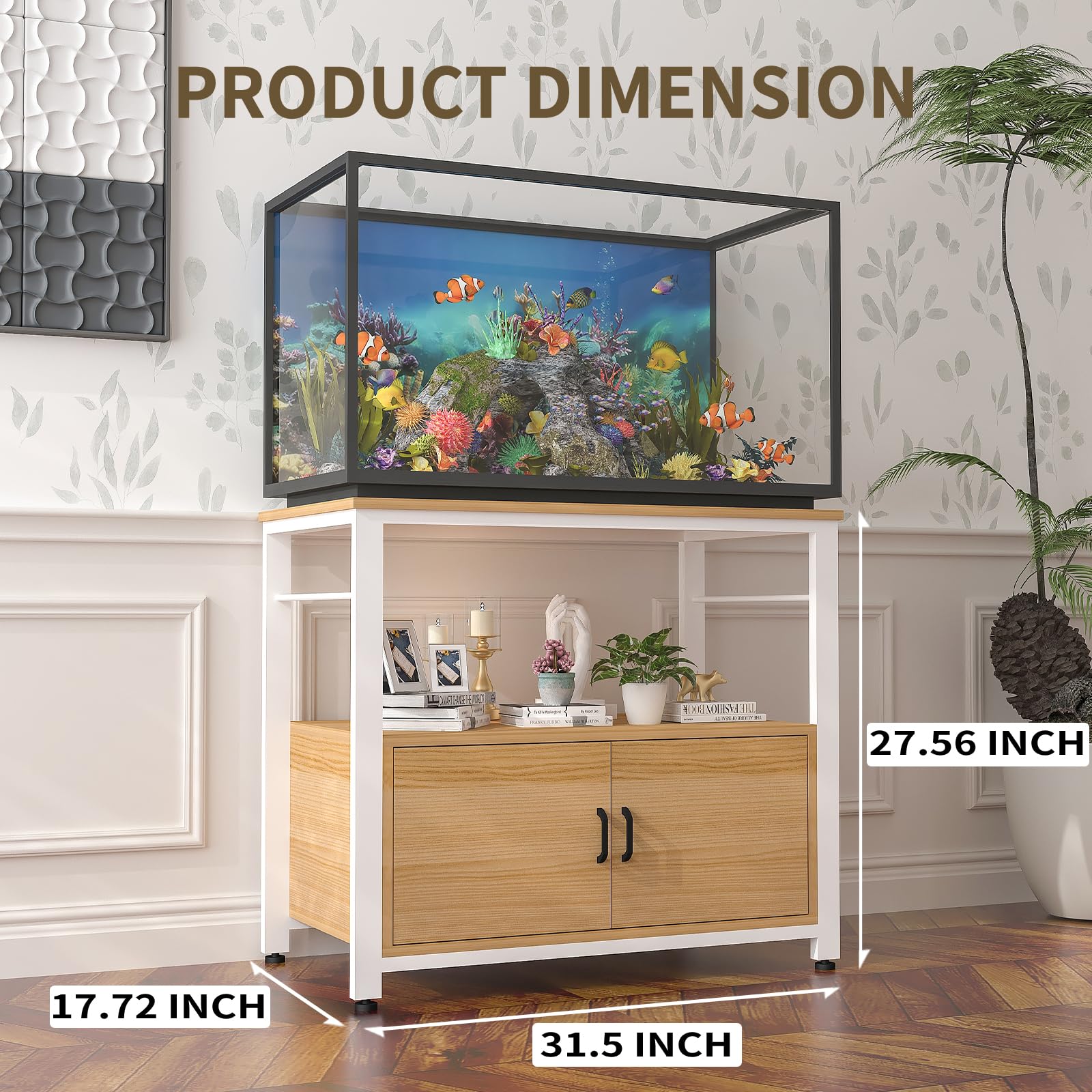 Avolander Fish Tank Stand Metal Aquarium Stand with Cabinet Accessories Storage 40-50 Gallon, Double Layer Metal with Storage Weight Capacity 760lbs, White Walnut Brown - WoodArtSupply