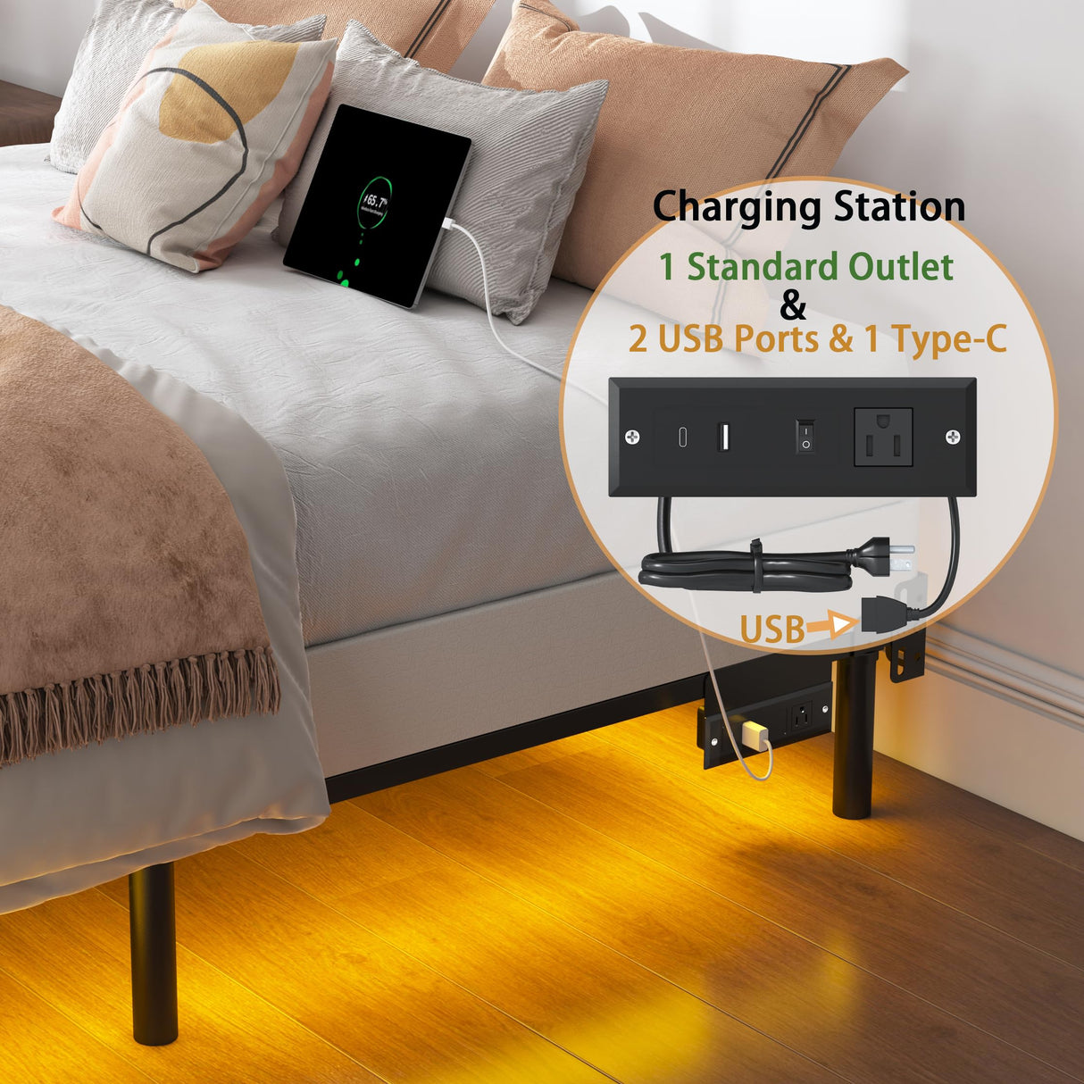 Bed Frame with Charging Station, Queen Bed Frame with LED Lights, 7 Inch High 9-Leg Support Sturdy Bed Base for Box Spring and Mattress, Easy Assembly, Black SHLAND