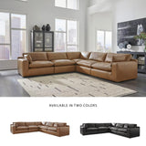 Signature Design by Ashley Emilia Modern Modular Leather Match 5-Piece Sectional with Loose Back Cushions and 2 Bolster Pillows, Light Brown Signature Design by Ashley