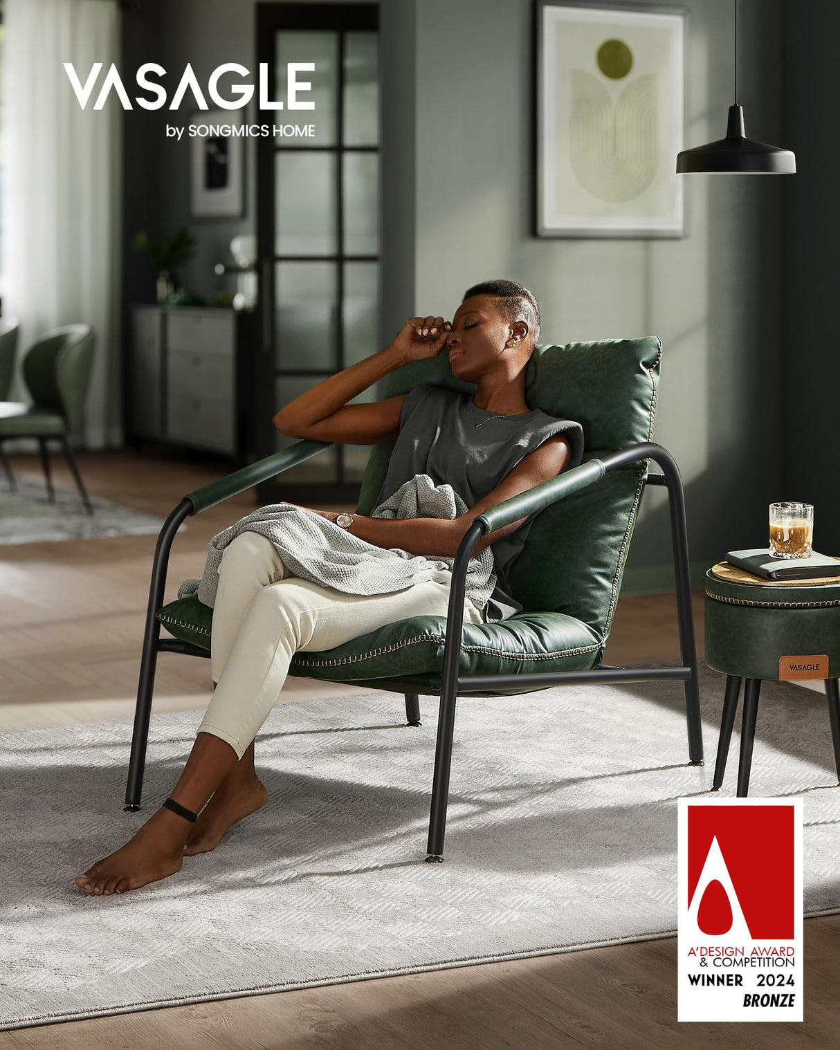 VASAGLE EKHO Collection - Accent Chair, Metal Framed Armchair, Synthetic Leather with Stitching, Mid-Century Modern, Sling Chair for Living, Bedroom, Reading Room, Lounge, Forest Green ULAC014C01 VASAGLE