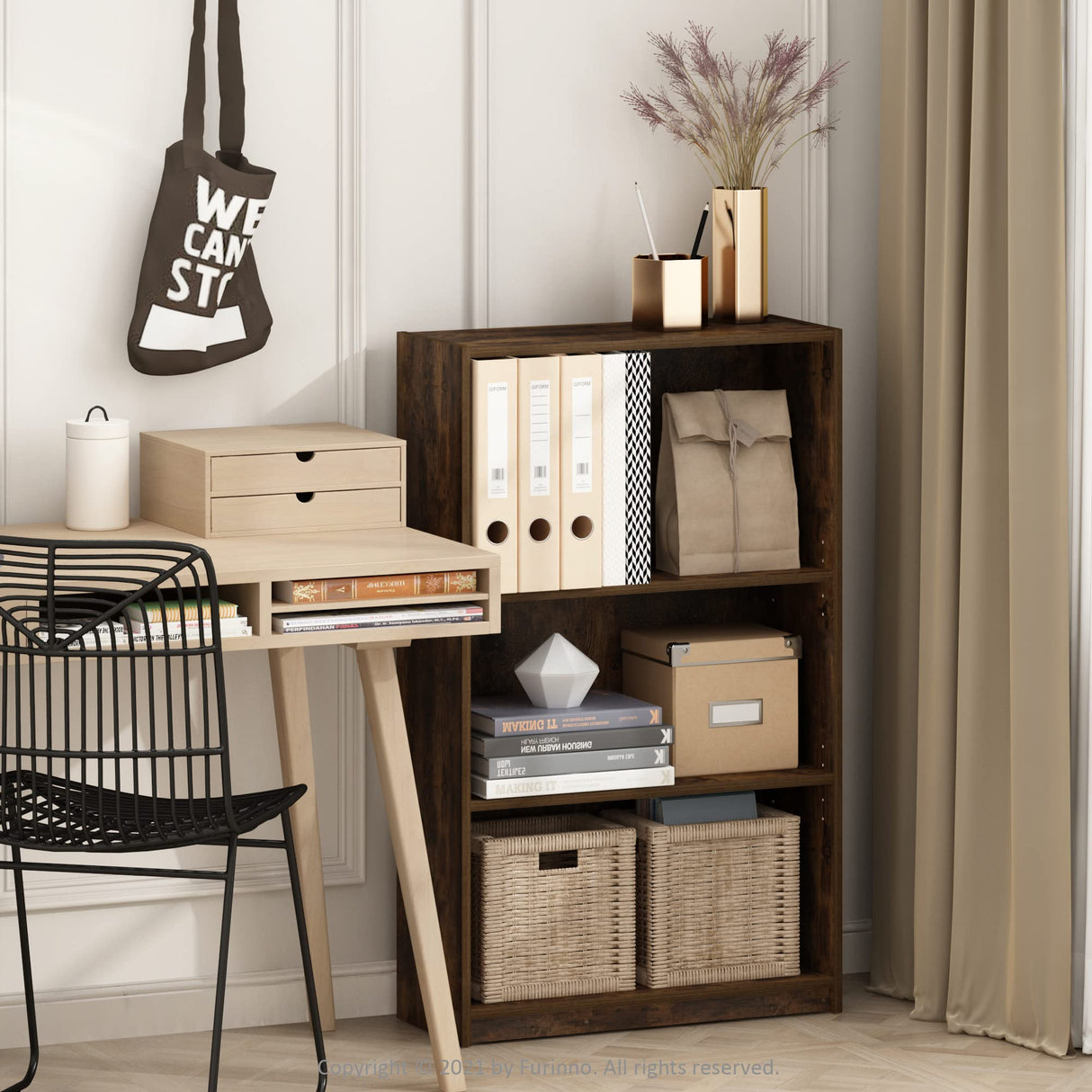 Furinno Jaya Simply Home Adjustable Shelf Bookcase, 3-Tier, Amber Pine Furinno