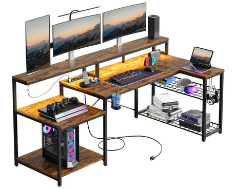 Bestier 71.5 inch Computer Desk with Power Outlets, LED Large Home Office Desk with Monitor Stand, L Shaped Corner Desk with Printer Stand Adjustable Shelf, Cup Holder & Headset Hooks, Brown Bestier