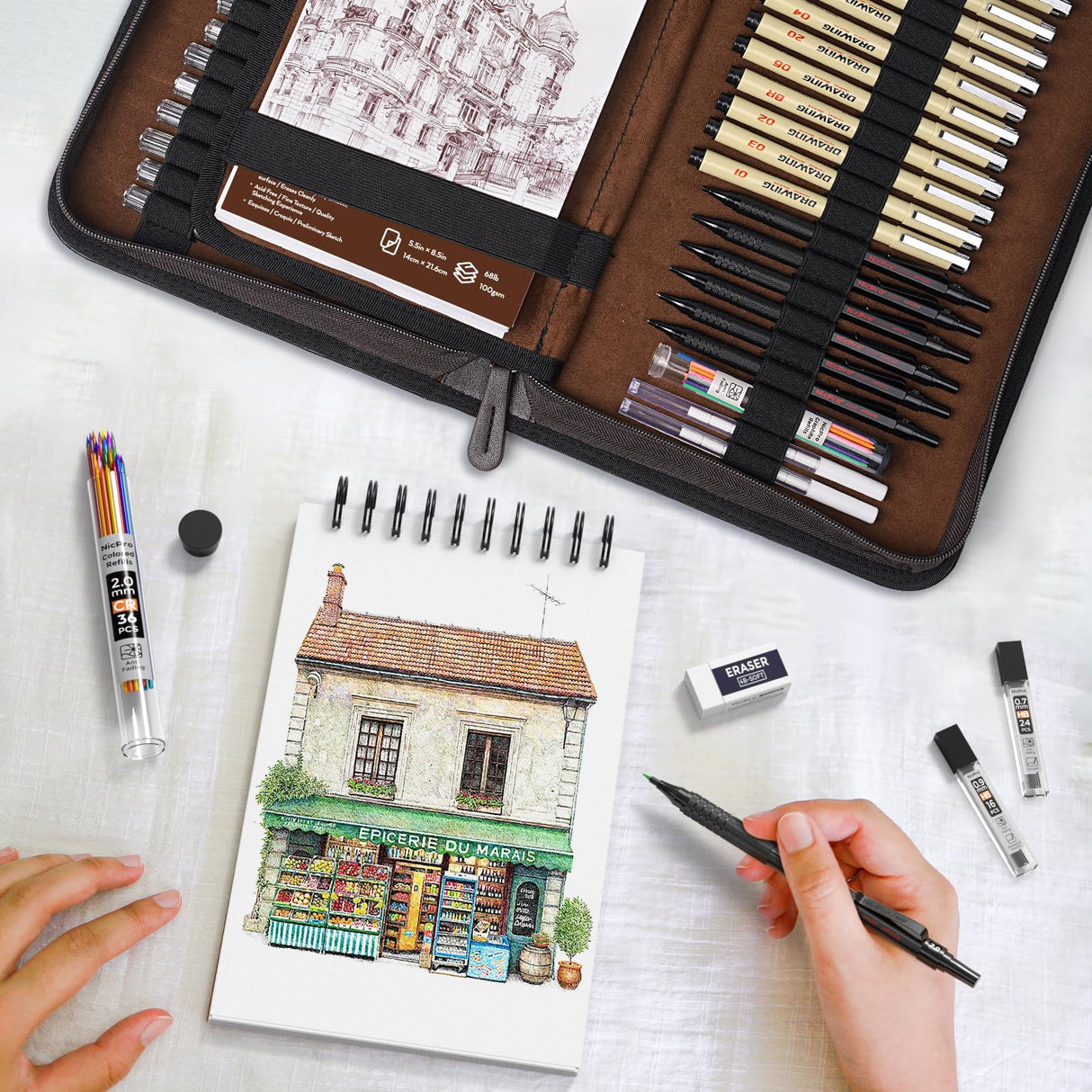 Nicpro 58PCS Art Drawing Supplies Kit in Leather Case, MP1000 Black Metal Mechanical Pencil Set with Drafting Pencil 0.5, 0.7, 0.9 & 2mm, 12 Micron Pen, Sketch Book, 30 Tube Lead Refills for Sketching Nicpro