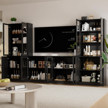 TUSY 4-Piece Large TV Stand with Bookshelves for TVs up to 75", TV Entertainment Center Media Center with Tempered Glass Doors and Shelves, TV Hutch for Living Room (Black) TUSY