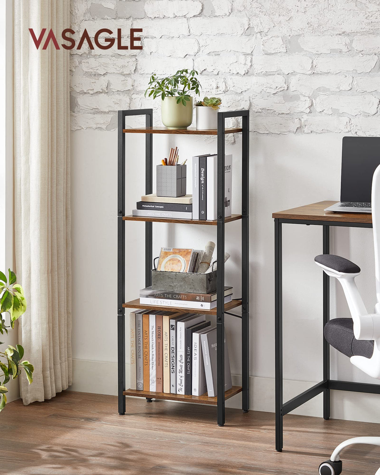 VASAGLE 4-Tier Tall Bookshelf, Bookcase with Steel Frame, Book Shelf for Living Room, Home Office, Study, 9.4 x 15.7 x 42.1 Inches, Industrial Style, Rustic Brown and Black ULLS099B01 VASAGLE
