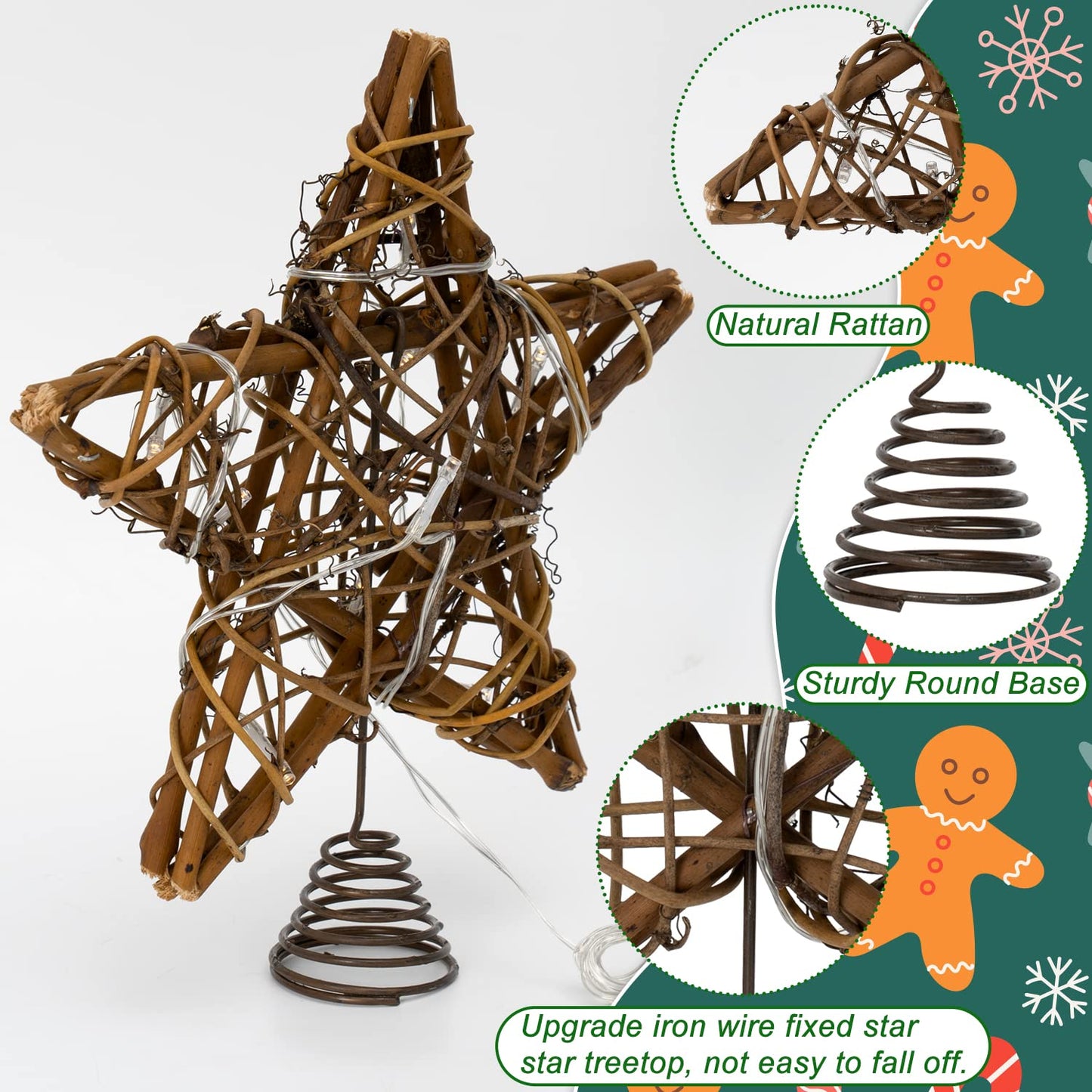 Christmas Tree Topper Star, Indoor Rattan Natural Star Treetop with 10 LED Light, Xmas Star Tree Topper Lighted for Christmas Tree Decorations