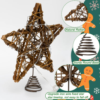 Christmas Tree Topper Star, Indoor Rattan Natural Star Treetop with 10 LED Light, Xmas Star Tree Topper Lighted for Christmas Tree Decorations