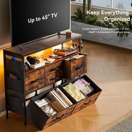 YILQQPER Dresser for Bedroom TV Stand with Power Outlets and LED Light, 6 Drawers Dresser with Side Pockets & Hooks, Wide Dresser with Shelves for 45" TV, Fabric Chest of Drawers, Rustic Brown YILQQPER