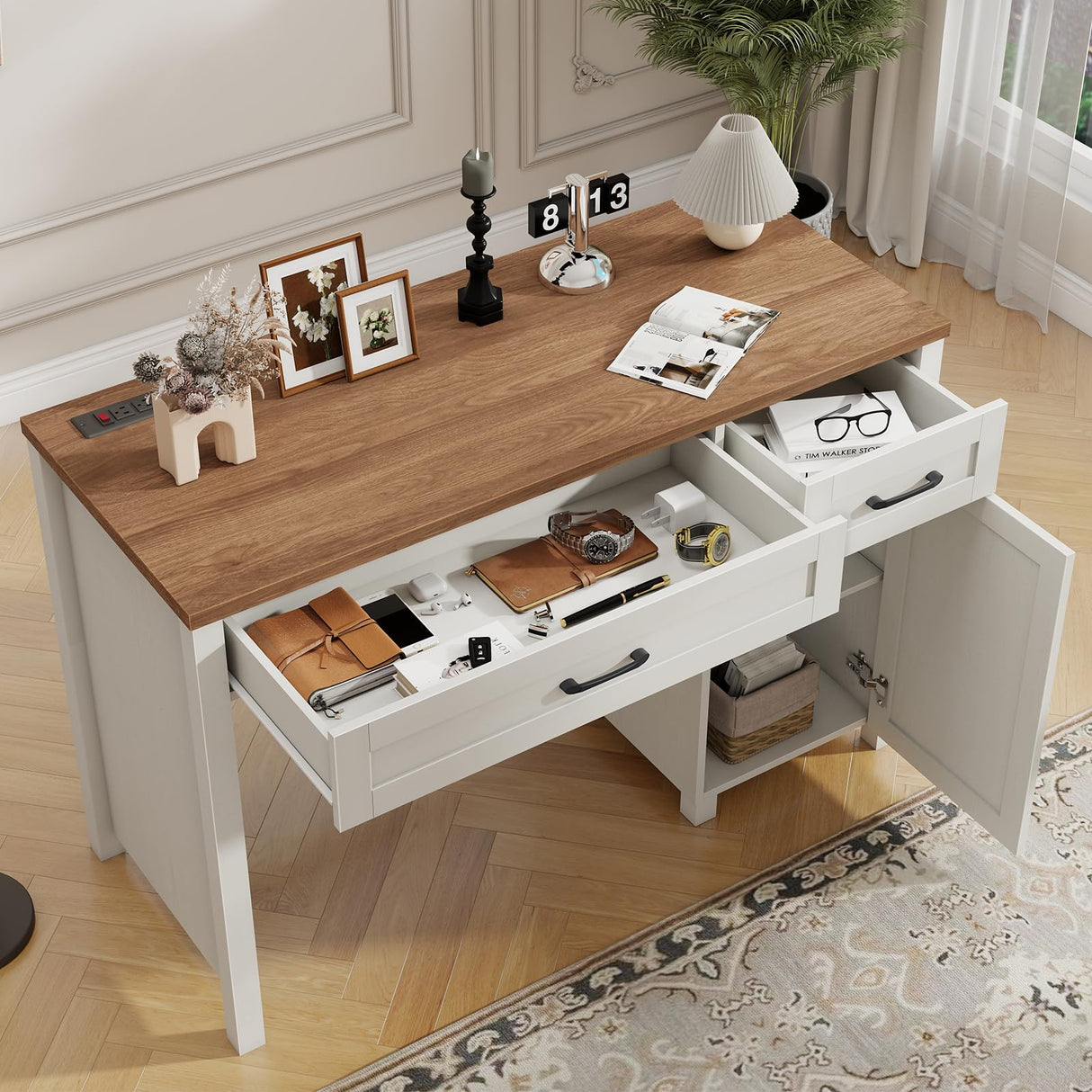 Befrases Farmhouse 47" Executive Desk, Computer Desk with Drawers and Storage Cabinet, Workstation Computer Desk for Home Office and Study.(Unique White) Befrases