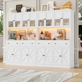 FINETONES 71" Pantry Cabinet with LED Light and Charging Station, Farmhouse Kitchen Pantry Cabinet with Microwave Stand, 47.2" Wide Kitchen Hutch Food Pantry with Open Countertop, White FINETONES