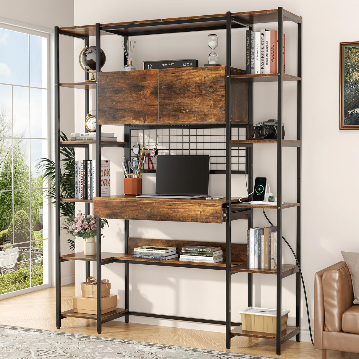 Nosepen 5 Tiers Rustic Bookshelf with Home Office Desk and RGB Lights and Power Outlet, 71.1" Tall Book Shelf with Drawer & Storage Cabinet & 12 Storage Shelves, Large Bookcase with 2 Doors, Brown Nosepen