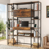 Nosepen 5 Tiers Rustic Bookshelf with Home Office Desk and RGB Lights and Power Outlet, 71.1" Tall Book Shelf with Drawer & Storage Cabinet & 12 Storage Shelves, Large Bookcase with 2 Doors, Brown Nosepen