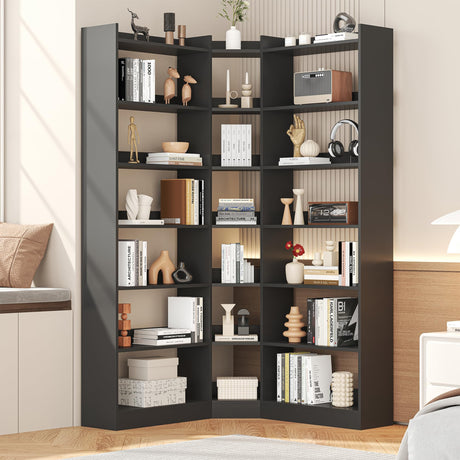 Semoic 70.8" Tall Corner Bookshelf, 7 Tiers Large Etagere Bookcases with Baffles, L-Shaped Modern Storage Display Rack Industrial Bookshelves for Bedroom, Home Office, Living Room & Kitchen, Black Semoic