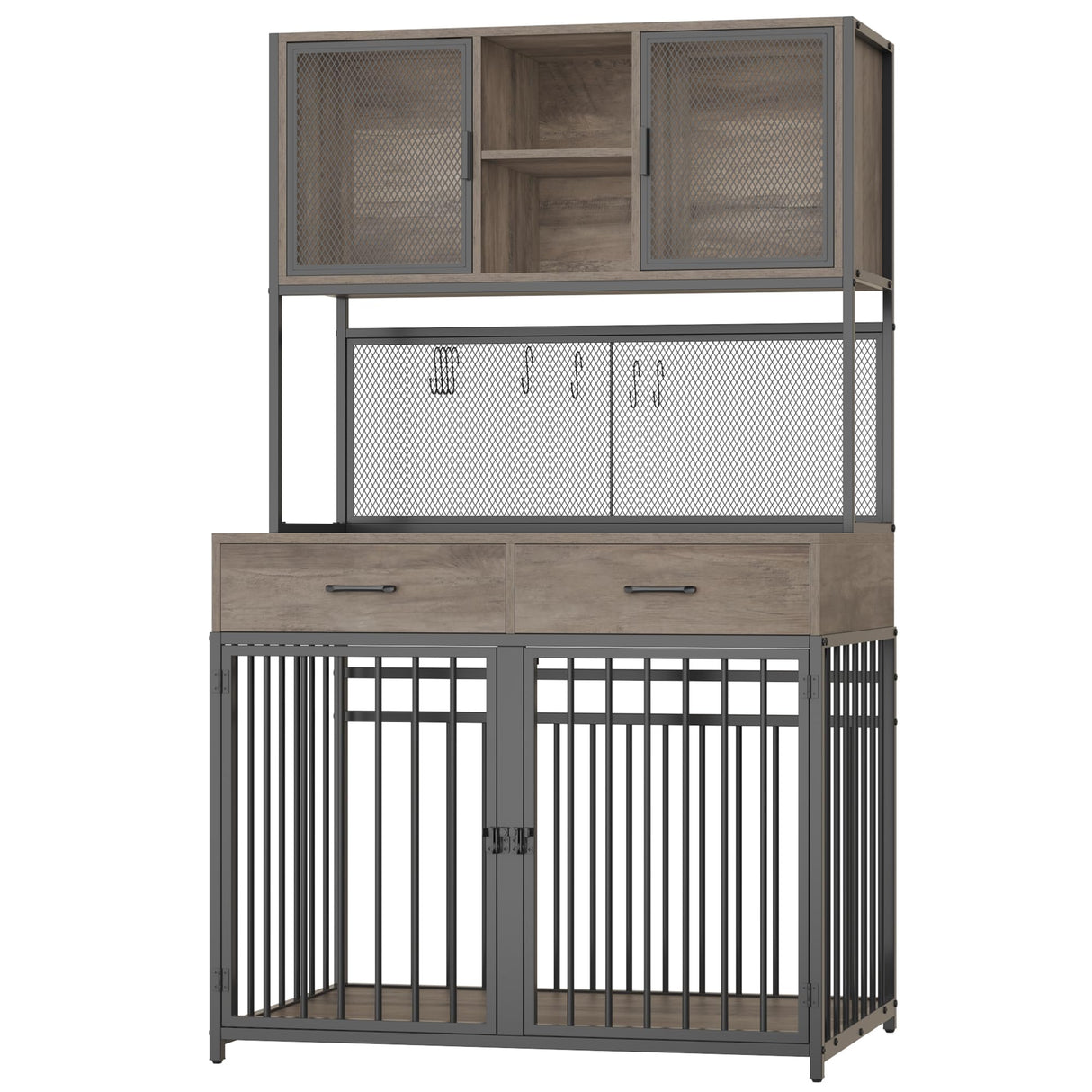HITHOS 71" Tall Dog Crate Furniture, Indoor Dog Kennel with Hutch, 42" W Dog Cage for Large/Medium Dogs, Wood Dog Crates with 2 Storage Drawers, Heavy Duty Pet House, Ash Grey HITHOS