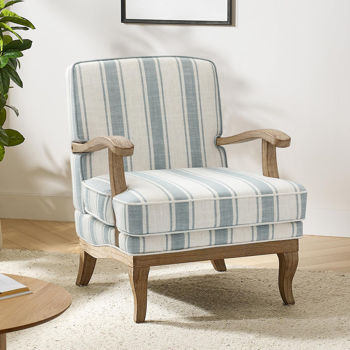 HULALA HOME Upholstered Accent Chair, Mid-Century Modern Striped Chair with Graceful Curves and Wooden Legs, Comfy Lounge Armchair Striped Accent Chairs for Living Room, Bedroom (Blue) HULALA HOME