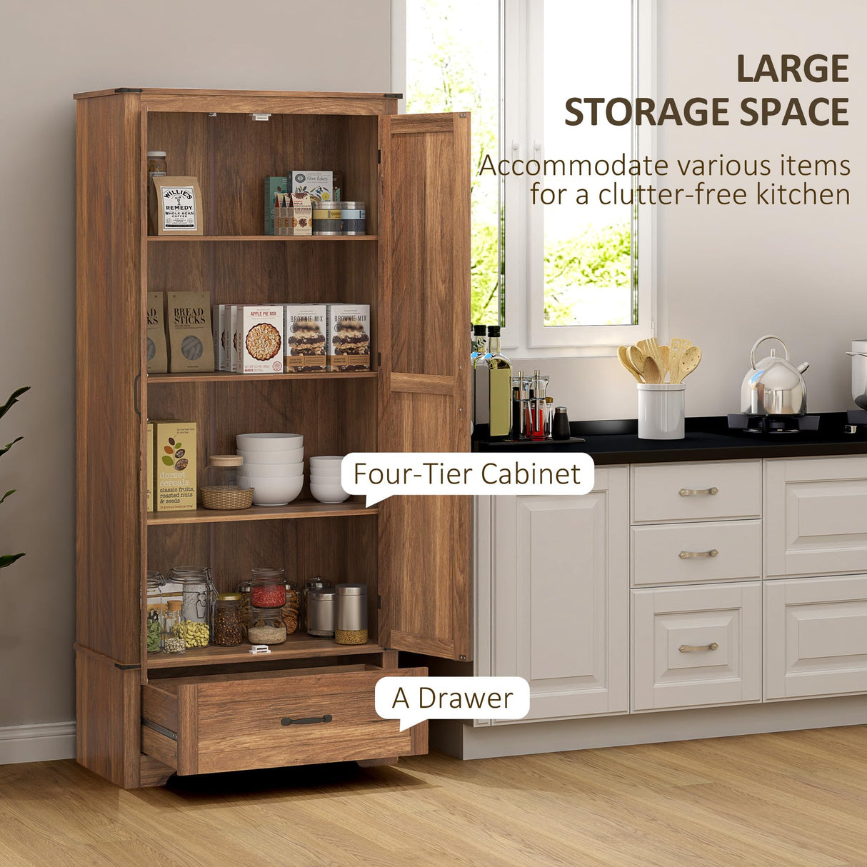 HOMCOM 72" Tall Farmhouse Kitchen Pantry Cabinet - Kitchen Storage Cabinet with Adjustable Shelves & 2 Barn Doors & Drawer, Versatile Storage Unit for Dining Room, Brown HOMCOM