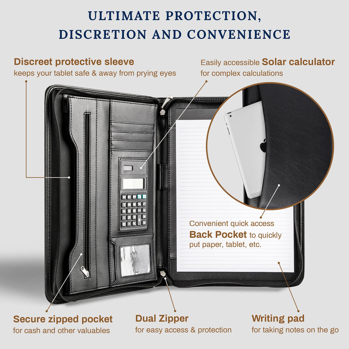 Cossini Black Superior Vegan Leather Business Portfolio with Zipper – Padfolio All-in-One. Smartest Protective 10.1 Inch Tablet Sleeve, Presentation Slot, Solar Calculator, Card Storage, Writing Pad COSSINI