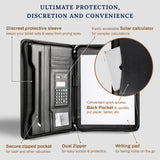 Cossini Black Superior Vegan Leather Business Portfolio with Zipper – Padfolio All-in-One. Smartest Protective 10.1 Inch Tablet Sleeve, Presentation Slot, Solar Calculator, Card Storage, Writing Pad COSSINI