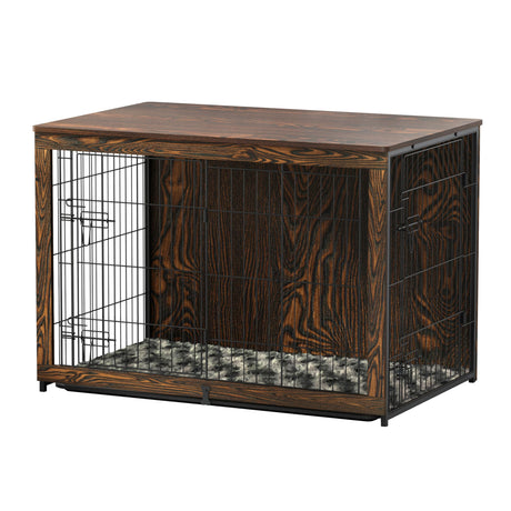 Megidok Wooden Dog Crate Furniture with Cushion, Dog Crate End Table with Tray, Double Doors Dog Crate(XL:43.1" L *28.6" W*30.3" H, Rustic Style) Megidok