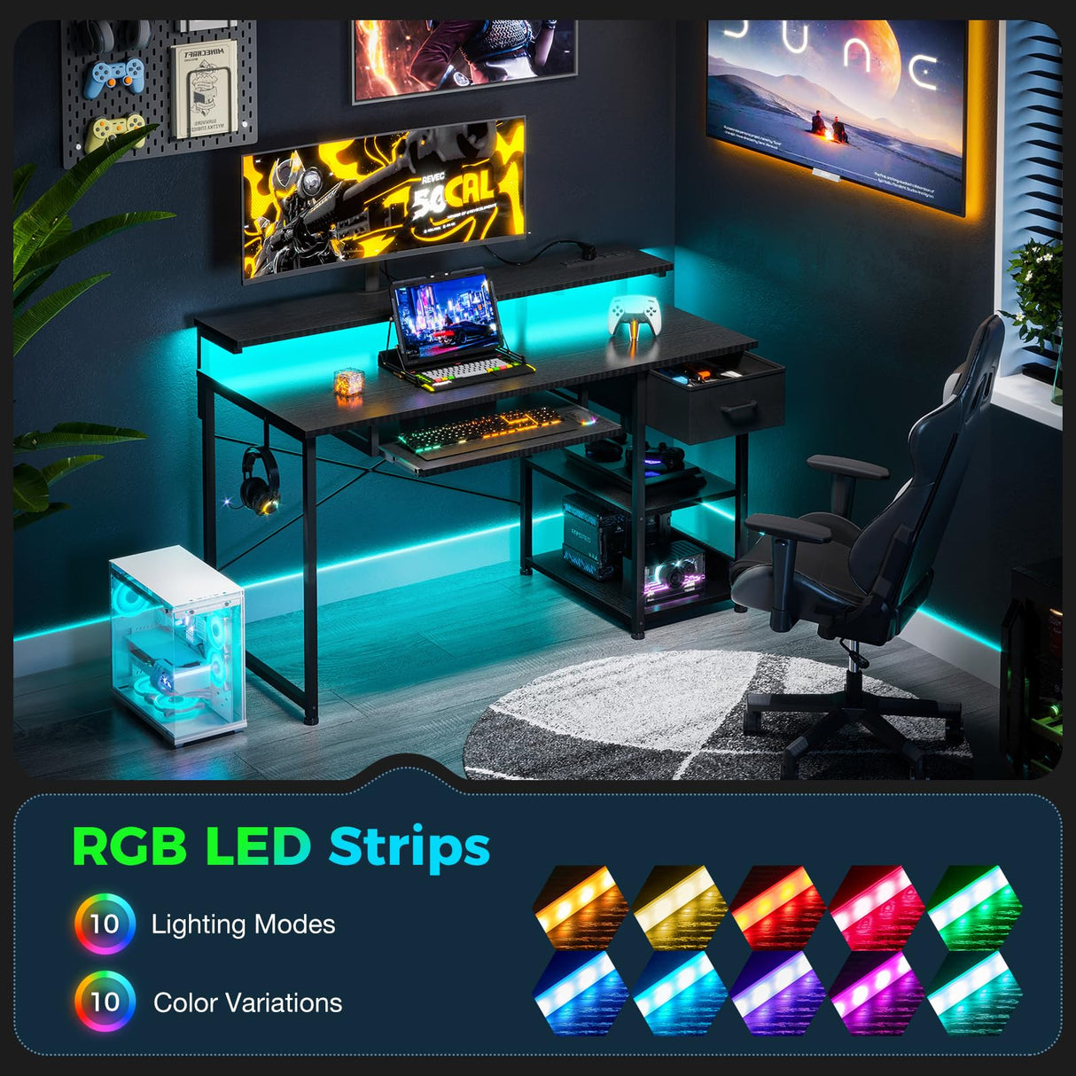 AODK Gaming Desk with LED Lights & Power Outlet, 48 Inch Computer Desk with Keyboard Tray, Office Desk with Drawer, Reversible Desk with Adjustable Monitor Shelf and Storage Shelf, Black AODK
