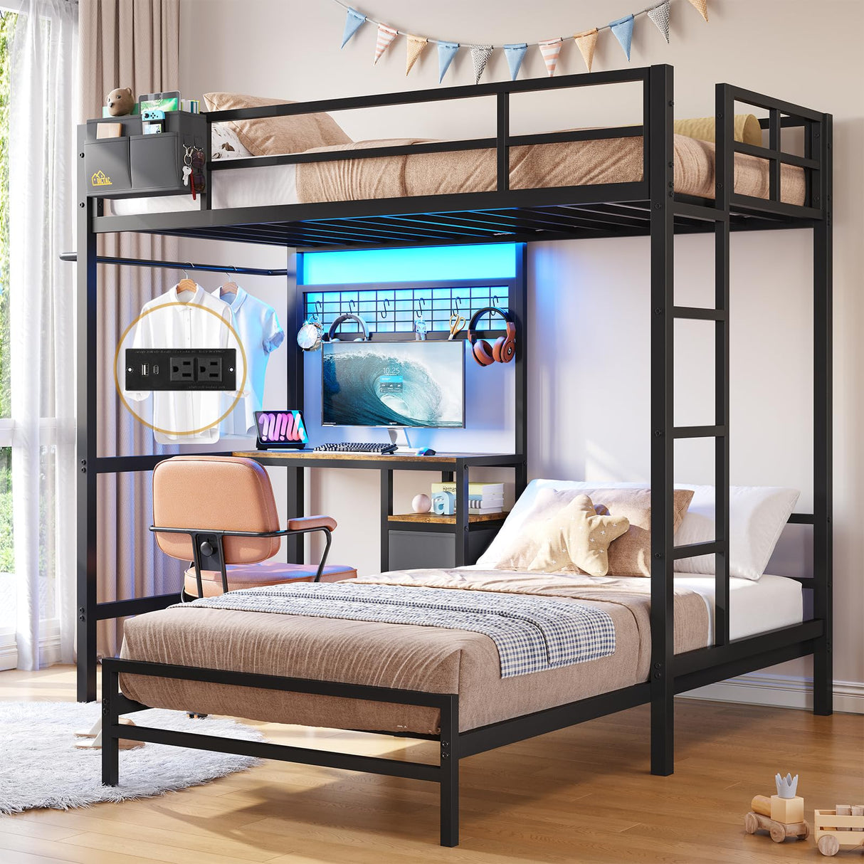 DICTAC Bunk Bed Twin Over Twin Size with Desk and Charging Station L-Shaped Metal Bunk Bed with Led Lights & Storage Shelves and Drawers Twin Size Loft Bed for Teen,Safety Guardrail and Ladder,Black DICTAC