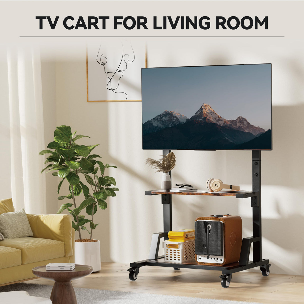 AENTGIU Rolling Tv Stand: Mobile TV Stand for 32" to 75" All Brand TVs, Lockable Rolling Wheels TV Cart with Metal TV Mount and 2 Tier Wood Shelf for Home, Office, All Hardware Included AENTGIU