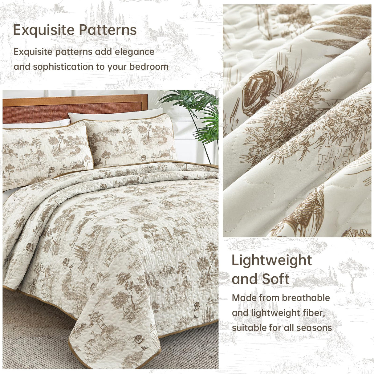 Drucon Khaki Quilt Set King Size, Toile Farmhouse Bedspreads, 3 Pieces Rustic Village Landscape Printed Coverlet, Soft Microfiber Quilt Bedding Set for All Season (106x90 Inch) Drucon