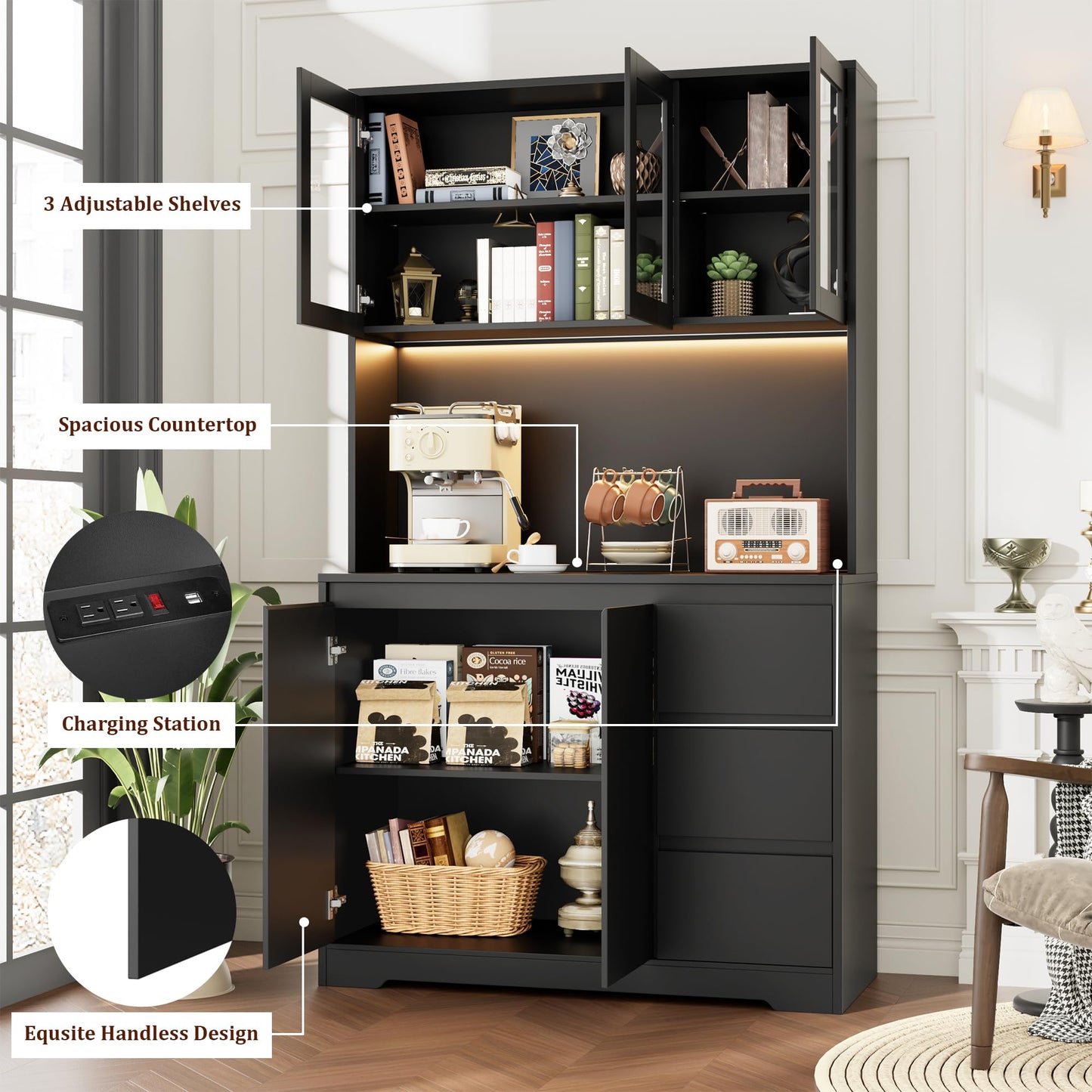 Finetones 71" Modern Black Kitchen Pantry Cabinet with LED Lights and Charging Station - WoodArtSupply