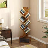 Rolanstar 7 Tier Bookshelf with Drawer, Tree Bookshelf, Small Bookshelves with Storage Rack for CDs/Movies/Books, Standing Book Shelf, Tall Narrow Bookcase for Living Room, Bedroom, Rustic Brown Rolanstar