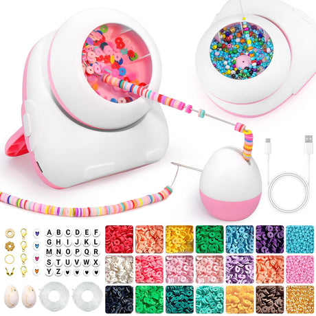 Electric Bead Spinner, Cordless Automatic 2-in-1 Clay Bead Bracelet Making Kit with 4200 PCS Clay Beads, Letter Bead, Seed Bead, Beading Needle and Thread Bracelet Maker for Jewelry, Craft Gift Choice Pskfvre