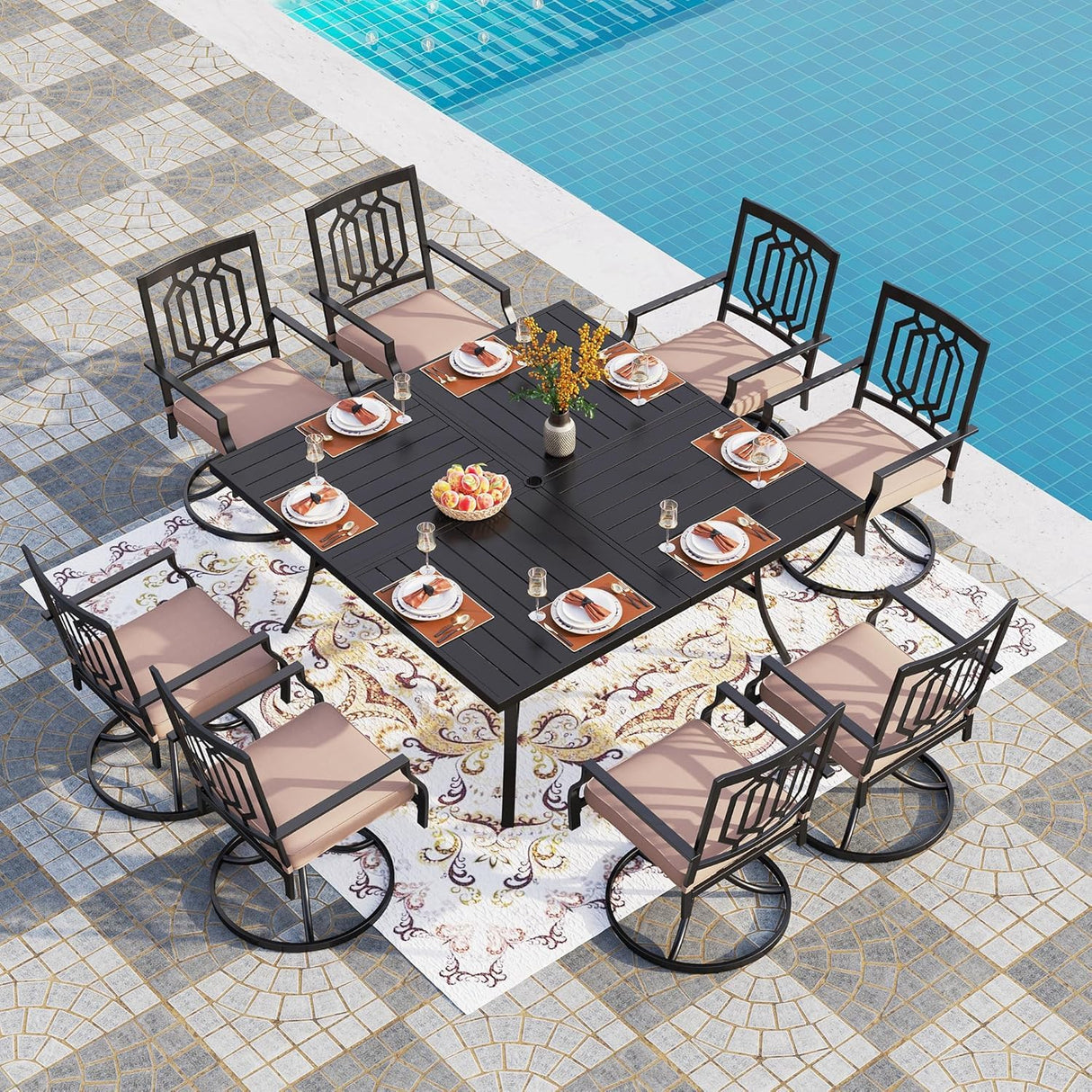 PHI VILLA 9 Piece Outdoor Dining Set for 8, Square Metal Table (60") with Umbrella Hole and Swivel Chairs with Cushions– Perfect for Patio, Garden, Deck, Porch, and Backyard PHI VILLA