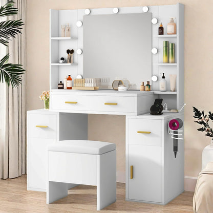 YITAHOME Makeup Vanity with Mirror and Lights, Vanity Desk Ensemble with Power Dock, Dressing Table with Drawers and Shelf, cabinets, Adjustable Brightness in 3 Light Modes, Bedroom, Pure Whi - WoodArtSupply