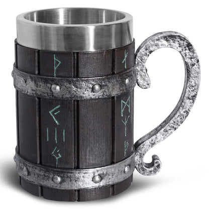 Ottalent Nordic Viking Mug,Oak Wooden Beer Stein Stainless Steel Liner,Nordic mythology Viking Runes Tankard Coffee Cup for Men Father’s Day Gift 18oz. - WoodArtSupply