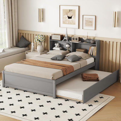 Harper & Bright Designs Full Size Bed Frame with Trundle, Full Size Platform Bed with Twin Trundle Under, Grey