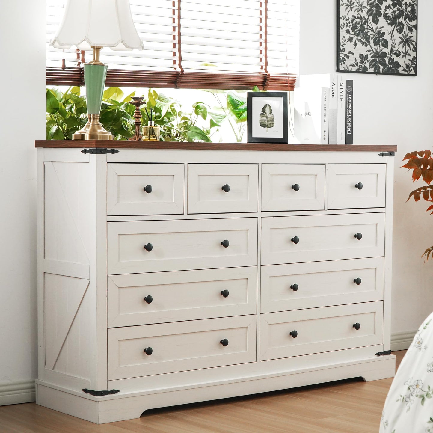 EnHomee 10 Drawer Dresser for Bedroom, Wood Dressers & Chest of Drawers for Bedroom, Hallway, Antique White,15" D x 55" W x 35.6" H - WoodArtSupply