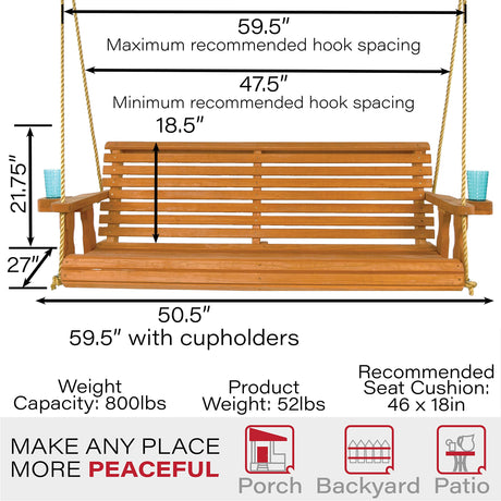Amish Casual Heavy Duty 800 Lb Roll Back Treated Porch Swing with Hanging Ropes and Cupholders (4 Foot, Cedar Stain) Amish Casual